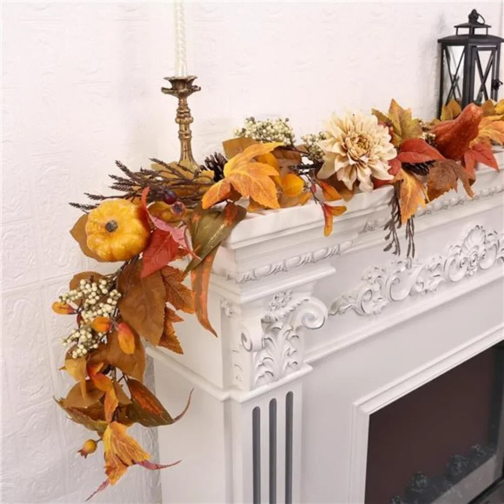 Fall Garland 6Ft Lifelike Autumn Maples Leaf Pumpkin Garland with Berries Pine
